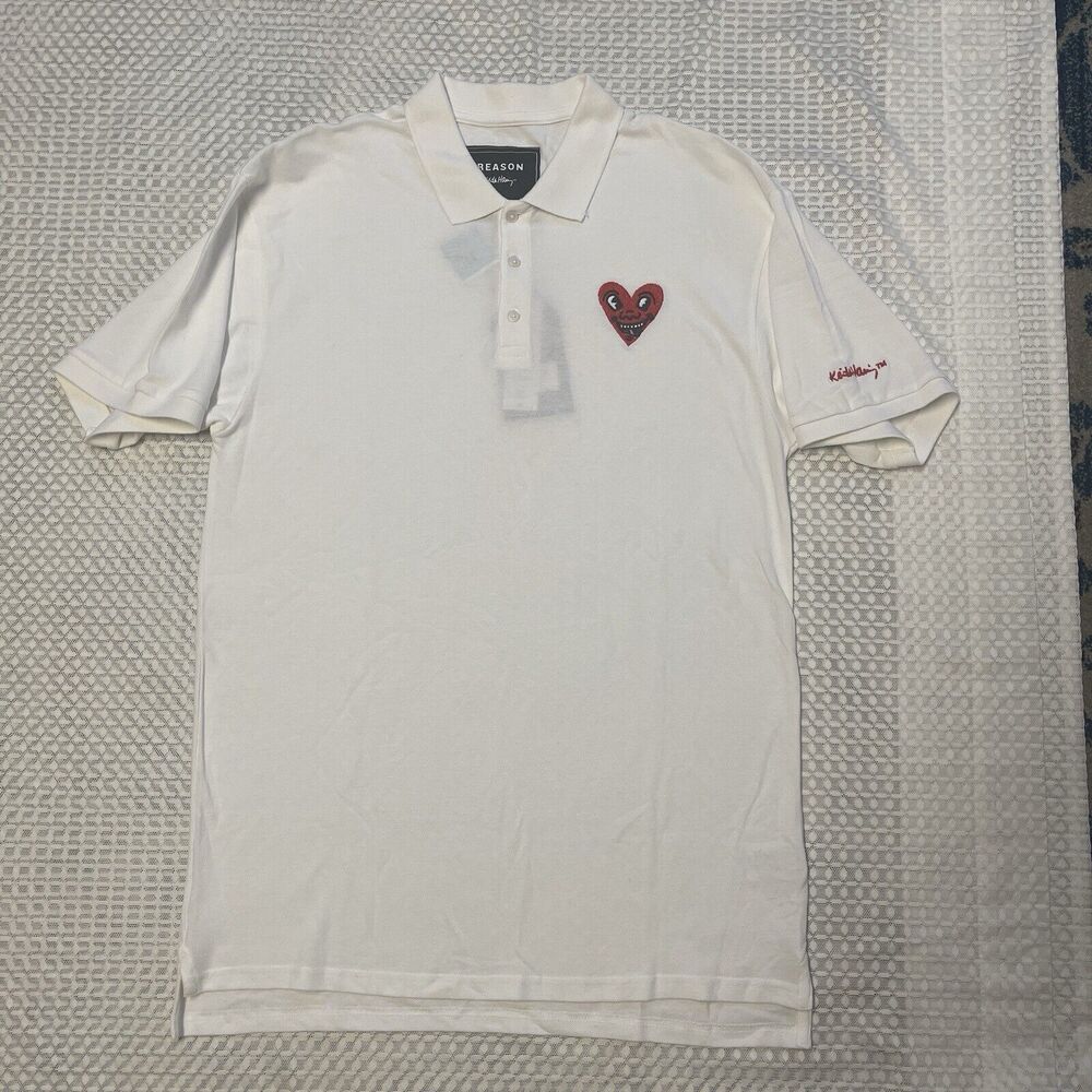 Reason Clothing Keith Haring Embroidered Heart Polo Shirt White Men Lrg New Tag
